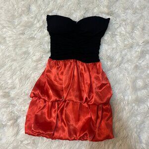 Y2K Misope Bubble Skirt Strapless Dress Satin Orange Black Small